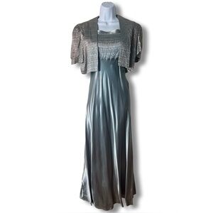 La Parisienne Creators SF Vintage Blue Satin Smocked Gown + Shrug 2pc 40s Sz. S
